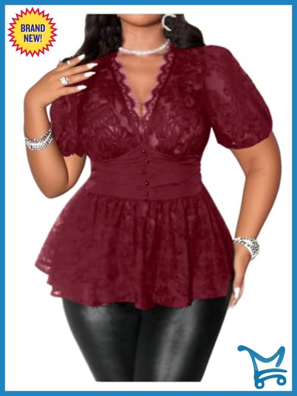 Plus Size Sexy Peplum Lace Top Sheer Mesh Going Out Low Cut T-Shirt